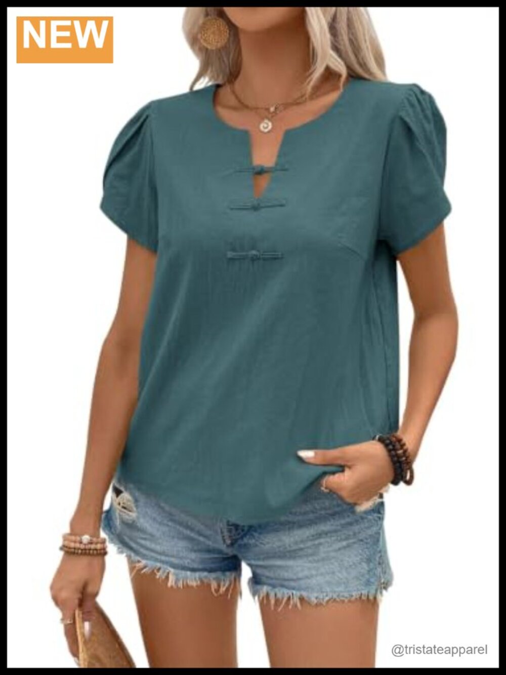 Womens Petal Sleeve Henley V-Neck Blouse Dressy Casual Versatile Top